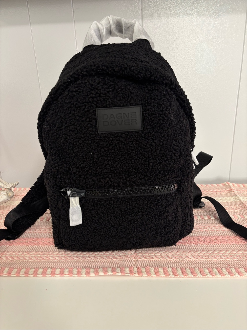 Dagne Dover Black Sherpa Mini Backpack with Front Zip Pocket